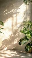 Lush green plant casting shadows on a textured golden wall in a bright indoor setting photo