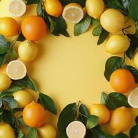 A colorful arrangement of citrus fruits and leaves on a vibrant yellow background photo