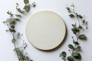 A simple wooden circle surrounded by delicate greenery on a white background photo