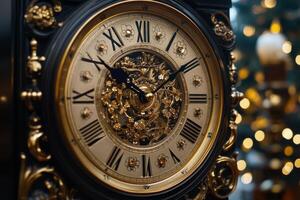 A close view of an ornate vintage clock showcasing intricate details and golden accents photo