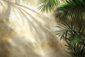 Green palm leaves create a tropical backdrop against a textured golden wall in warm lighting photo