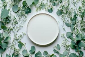 A simple wooden circle surrounded by delicate greenery on a white background photo