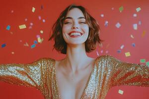 A person celebrating with a joyful smile and colorful confetti in a festive setting photo