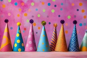 Colorful party hats with confetti against a pink background for a vibrant celebration photo