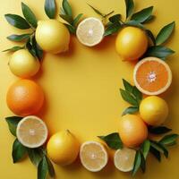 A colorful arrangement of citrus fruits and leaves on a vibrant yellow background photo