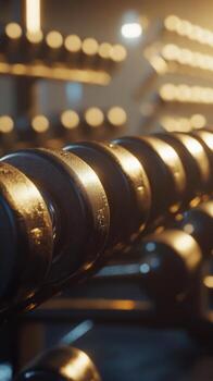 A close up view of a dumbbell with water droplets in a gym environment during workout hours photo