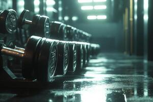 Dumbbells lined up in a dimly lit gym with blue and orange lighting effects in the evening photo