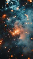 Sparkler glowing brightly during nighttime celebration with colorful bokeh lights in background photo