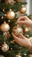 Decorating a festive Christmas tree with golden ornaments and twinkling lights indoors photo