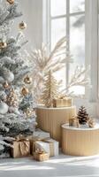 A decorated Christmas tree stands proudly in a serene room filled with soft light photo