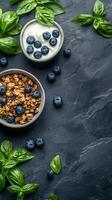 Fresh yogurt topped with granola and basil alongside blueberries on a dark textured surface photo