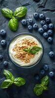 Fresh yogurt topped with granola and basil alongside blueberries on a dark textured surface photo