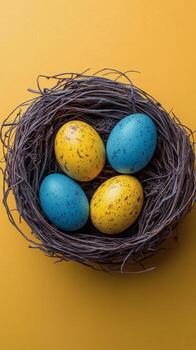 Brightly colored eggs in a natural nest on a vibrant yellow background during springtime photo