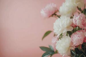 Beautiful bouquet of peonies in shades of pink and white against a soft pastel background photo