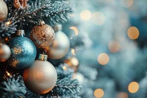 Beautifully decorated Christmas tree with colorful ornaments and soft glowing lights during winter photo