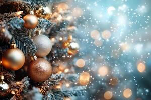 Beautifully decorated Christmas tree with colorful ornaments and soft glowing lights during winter photo