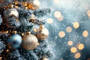Beautifully decorated Christmas tree with colorful ornaments and soft glowing lights during winter photo