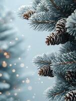 Snow covered pine branches with pine cones and soft glowing lights during a winter evening photo