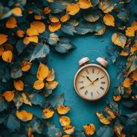 An alarm clock surrounded by colorful autumn leaves showcasing the arrival of fall photo