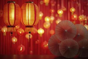 Colorful lanterns and decorative fans displayed at a festive event celebrating traditional culture photo