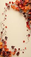 Autumn leaves arranged on a light background create a natural frame for seasonal decoration photo