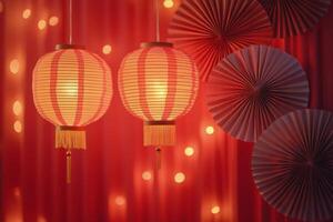 Colorful lanterns and decorative fans displayed at a festive event celebrating traditional culture photo