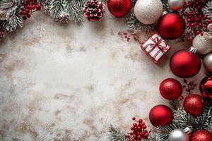 Christmas decor with ornaments, pine branches, and a small gift on a neutral backdrop photo
