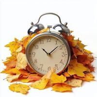 An alarm clock surrounded by colorful autumn leaves showcasing the arrival of fall photo