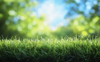 Sunny grass field under tree canopy with soft green leaves during afternoon light photo