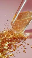 Sparkling drink spills golden glitter on a soft pink surface during a celebratory moment photo