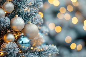 Beautifully decorated Christmas tree with colorful ornaments and soft glowing lights during winter photo