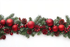 Festive arrangement of red and gold ornaments with pine cones and foliage for holiday decoration photo