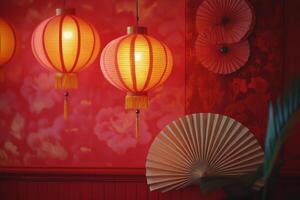 Colorful lanterns and decorative fans displayed at a festive event celebrating traditional culture photo