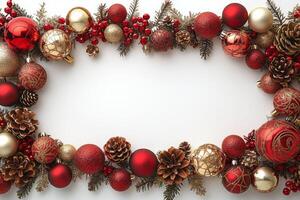Festive arrangement of red and gold ornaments with pine cones and foliage for holiday decoration photo