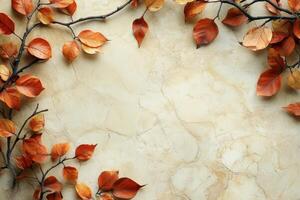 Autumn leaves arranged on a textured surface creating a seasonal decoration photo