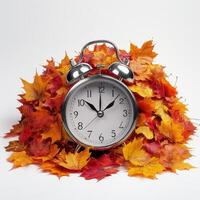 An alarm clock surrounded by colorful autumn leaves showcasing the arrival of fall photo