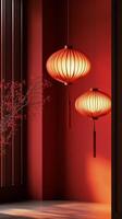 Elegant red lanterns and a decorative fan in a cozy Asian inspired room photo