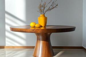 Beautiful wooden table with yellow vase and lemons in a well lit modern interior space photo
