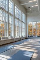 Bright and spacious wellness studio with large windows overlooking nature in the afternoon photo