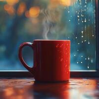 A steaming cup of coffee resting on a wooden table by the window on a rainy morning photo