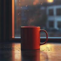 A steaming cup of coffee resting on a wooden table by the window on a rainy morning photo