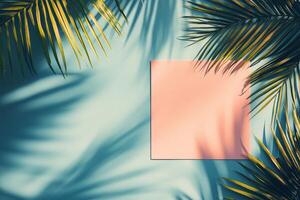 Stylish man in pink shirt poses against a blue wall with palm shadows in a bright setting photo
