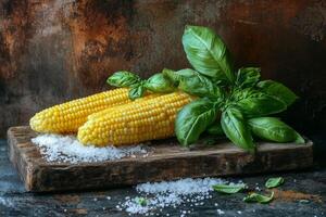 Freshly prepared golden corn with basil and salt on a wooden board photo