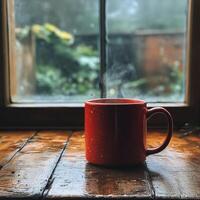 Warm coffee mug resting on a wooden table near large windows on a rainy day photo