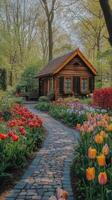 A charming wooden cabin surrounded by vibrant flowers in a tranquil garden setting