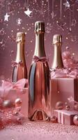 Celebrate with sparkling rose champagne bottles surrounded by festive decorations and gifts photo