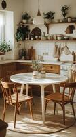 Cozy kitchen dining setup with wooden cabinets and round table near window in a sunlit room photo
