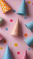 Colorful party hats and decorations scattered on a pink background for a festive celebration photo