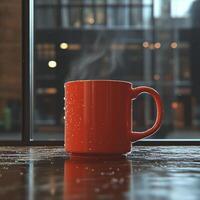 A steaming cup of coffee resting on a wooden table by the window on a rainy morning photo