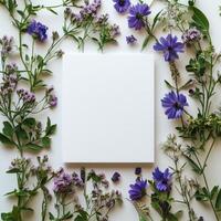 Elegant arrangement of purple flowers and blank space for creative projects on white background photo
